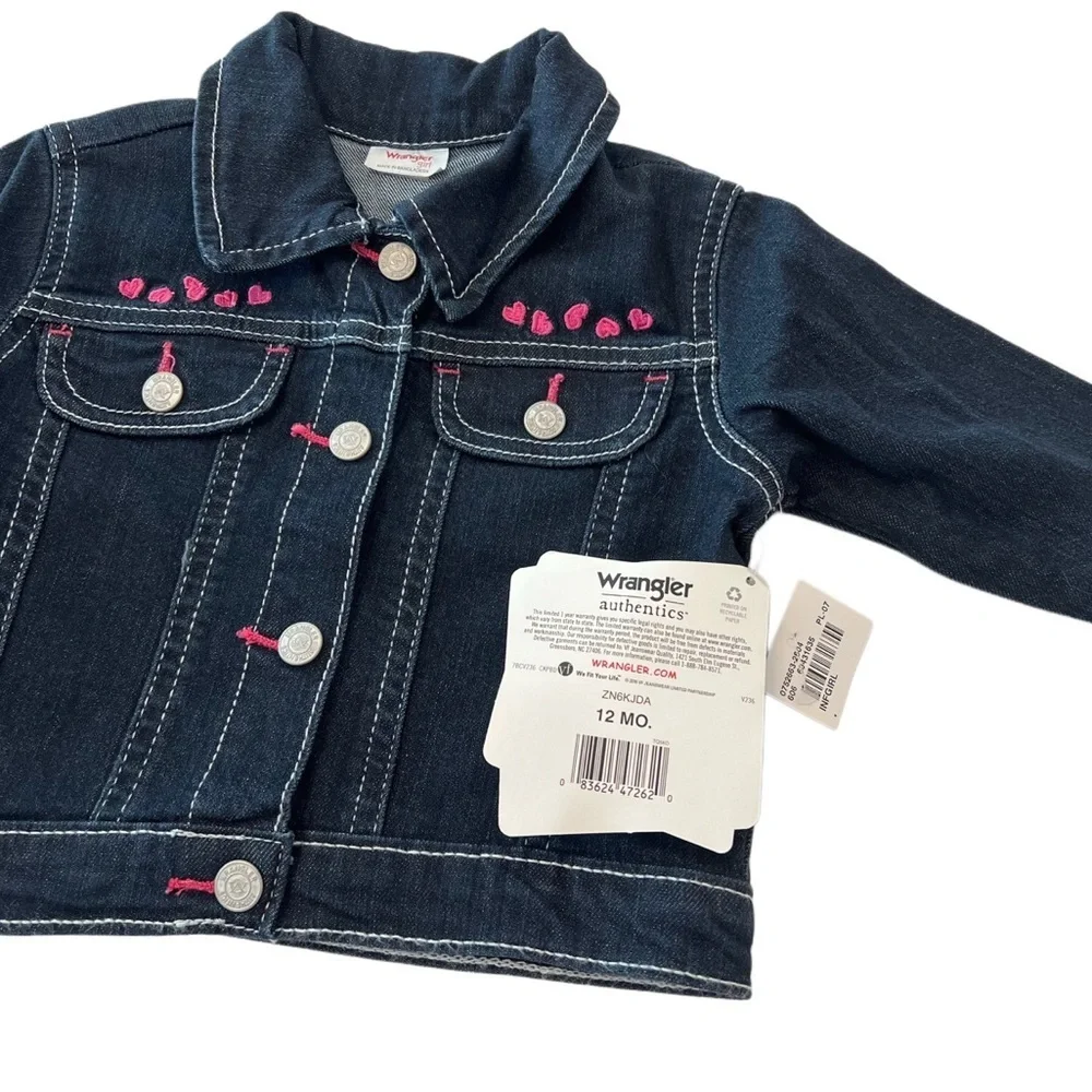 (NWT) Wrangler Kids Denim Jacket Dark Blue w/ Pink Details | Baby Girl 12 Months